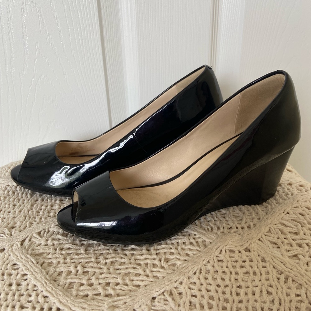 Cole Haan Glossy Black Peep Toe Heels - Picture 2 of 7